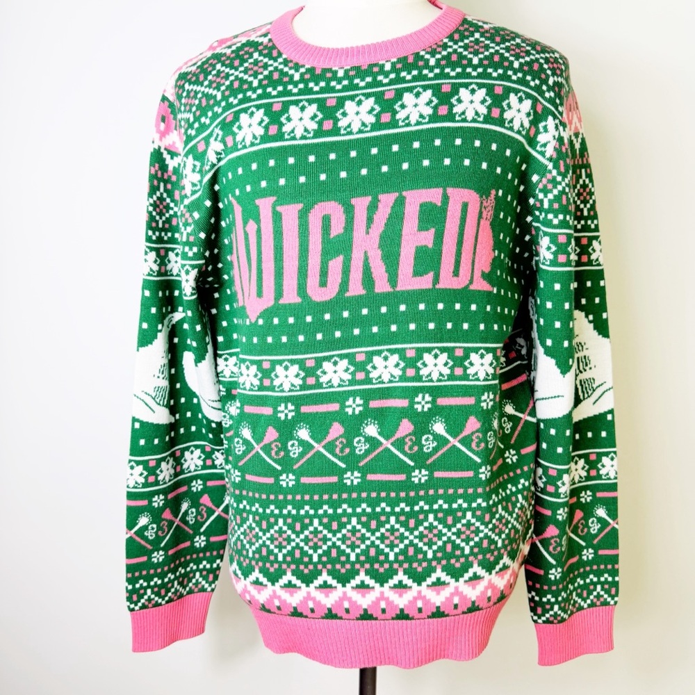 Wicked Green and Pink Glinda and Elphaba Women's Crewneck Sweater Sz M New